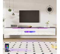 Meuble TV Suspendu 180 cm avec LED Contrôle par Appli, Meuble TV Salon Mural Moderne Noir et Blanc Brillant avec Rangement, 3 Portes