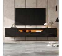 Meuble TV Suspendu 180 cm avec LED, Meuble TV Noir Laqué, Meuble TV Scandinave Pas Cher, 3 Compartiments, Télé Jusqu'à 75 Pouces