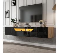 Meuble TV suspendu 180 x 37 x 36 cm avec 3 compartiments de rangement, étagère suspendue flottante, meuble TV brillant avec lumière LED, montage mural, pour téléviseur de 75 pouces, noir + couleur