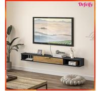Meuble TV suspendu - AKOZON - 160x24x16 cm - 2 compartiments ouverts - Porte relevable - Passe-câbles