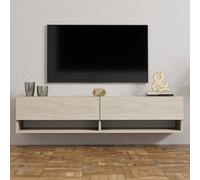 Meuble TV suspendu avec placards et étagères aspect travertin 140cm SARTY Beige