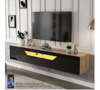 Meuble TV Suspendu Bois 180 cm avec Éclairage LED Contrôle par Appli et 3 Compartiments de Rangement Moderne pour TV de 75"" Noir