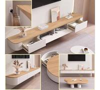 Meuble TV Suspendu en Bois Massif pour Salon, Maison, Table Basse, Support TV 140, 160, 180, 200, 220, 240 cm, Plusieurs Tailles avec tiroir (Blanc-Marron, 140 x 20 x 24 cm)