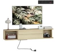 HOMCOM Meuble TV Suspendu 120 cm, Meuble télé pour téléviseur jusqu'à 50 Pouces, Prises électriques, Ports USB et Type-C, tiroir, étagères, Passe-câbles, Banc TV Mural pour Salon, Effet Bois Naturel