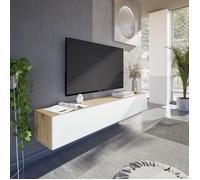 Meuble TV suspendu - L 180X P 28X H 35 cm KAWAY - Décor blanc et chêne - 2 Portes abattantes