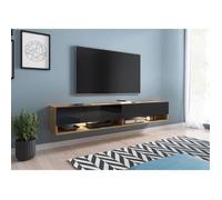 Meuble TV suspendu - Lowboard A - 180 cm - Chêne wotan / Noir brillant - Design contemporain - Sans LED