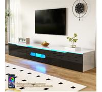 Meuble TV Suspendu Moderne 180 cm avec LED Contrôle par App, Rangement, Meuble TV Salon Mural avec 3 Portes, Noir Blanc Brillant