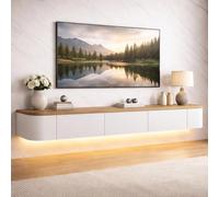 Meuble TV Suspendu Mural pour Salon Meuble TV Flottant Bois Massif avec Rangement Et Tiroirs pour Chambre Appartement Meuble TVs Moderne Design pour Mur avec Passe Câble(White Oak Top LED,260cm)