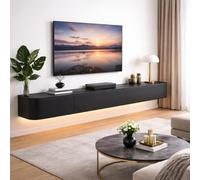 Meuble TV Suspendu Mural pour Salon Meuble TV Flottant Bois Massif avec Rangement Et Tiroirs pour Chambre Appartement Meuble TVs Moderne Design pour Mur avec Passe Câble(Matte Black LED,280cm)