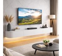 Meuble TV Suspendu Mural pour Salon Meuble TV Flottant Bois Massif avec Rangement Et Tiroirs pour Chambre Appartement Meuble TVs Moderne Design pour Mur avec Passe Câble(Matte White LED,280cm)