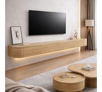 Meuble TV Suspendu Mural pour Salon Meuble TV Flottant Bois Massif avec Rangement Et Tiroirs pour Chambre Appartement Meuble TVs Moderne Design pour Mur avec Passe Câble(Natural Oak LED,280cm)