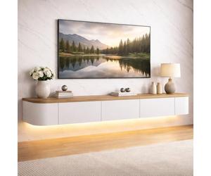 Meuble TV Suspendu Mural pour Salon Meuble TV Flottant Bois Massif avec Rangement Et Tiroirs pour Chambre Appartement Meuble TVs Moderne Design pour Mur avec Passe Câble(White Oak Top LED,260cm)