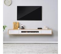 Meuble TV Suspendu Salon Moderne Bois Massif Support Télé avec Porte Vitrée Semi-Ouverte Grand Espace de Rangement Meuble Tele Forte Capacité de Charge pour Salon, Chambre(Brass)