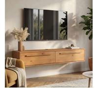 Meuble TV Suspendu TECCA L 145 cm en Bois Massif Coloris Chêne avec 2 Portes, Meuble Télé Mural Design Moderne