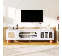 Meuble TV, table TV avec portes en rotin, meuble de rangement avec portes coulissantes en verre, trois espaces ouverts en arc de cercle, armoire basse avec poignées dorées et pieds en bois massif