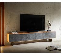 Meuble-TV Teele 220 cm acacia naturel ardoise 4 portes pied flottant inoxydable