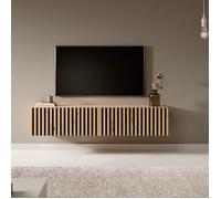 Meuble TV - TELIRE - 140 cm en chêne artisan avec façade fraisée et inserts noirs