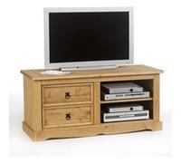 Meuble TV TEQUILA L 120 cm en bois massif brun avec 2 tiroirs et 2 niches, meuble de salon style mexicain Naturel G
