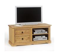 IDIMEX Meuble TV Tequila L 120 cm en Bois Massif Brun avec 2 tiroirs et 2 niches, Meuble de Salon Style Mexicain, pour télévision jusqu'à 127 cm