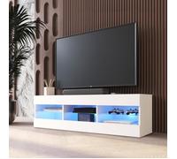 Meuble TV Tivoli RTV Komodee - LED Bleues - Blanc - Facades en Mat - 140 x 41 x 35 cm