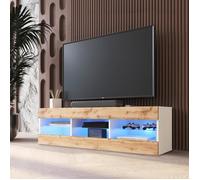Meuble TV Tivoli RTV Komodee - LED Bleues - Bois naturel et Blanc - Facades en Mat - 140 x 41 x 35 cm