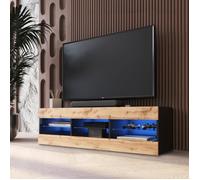 Meuble TV Tivoli RTV Komodee - LED Bleues - Bois naturel et Noir - Facades en Mat - 140 x 41 x 35 cm