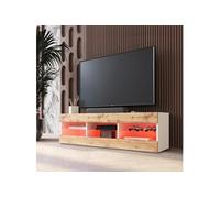 Meuble TV Tivoli RTV Komodee - LED RVB - Bois Naturel et Blanc - Facades en Mat - 140 x 41 x 35 cm