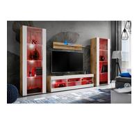 Meuble TV Tivoli Set Grande Komodee - LED RGB - Blanc Mat & Bois naturel - L~195cm x H~159cm x P35cm