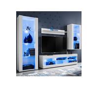 Meuble TV Tivoli Set Medio Komodee - LED bleues - Blanc Mat ET Blanc - Facades en Mat - 195x159x35 cm