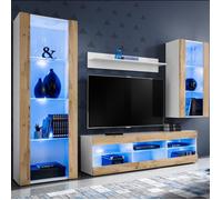 Meuble TV Tivoli Set Medio Komodee - LED bleues - Bois naturel Mat ET Blanc - 195x159x35 cm