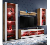 Meuble TV Tivoli Set Medio Komodee - LED RGB - Blanc Mat et Bois naturel - 195x159x35 cm