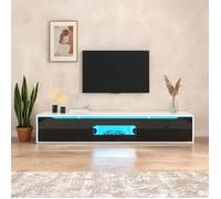 Meuble TV vitrine design contemporain en panneaux de particules blanc laqué brillant avec éclairage LED multicolore L 180 cm