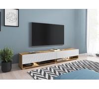 Meuble TV - WANDER - 180 cm - chêne wotan/blanc brillant - avec LED