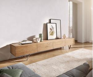 Meuble-TV Wyatt 220 cm chêne naturel 4 tiroirs pied en V inoxydable