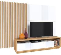 Meuble TV XL avec panneau arrière décoratif XL de la collection CLARA. Couleur chêne et blanc brillant.