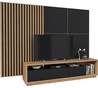 Meuble TV XL avec panneau arrière décoratif XL de la collection CLARA. Couleur chêne et noir mat.