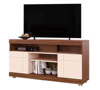 Meuble TV - YARA - 47 Pouces - Imitation Noyer et Blanc - 2 Portes - 5 Niches - 6 Roulettes