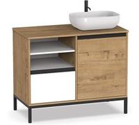 Meuble Vasque 1 porte + 1 tiroir coloris chene dore/ blanc - Hauteur 95.5 x Longueur 100 x Profondeur 51 cm --