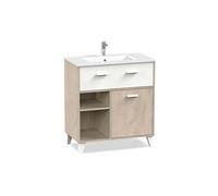 Meuble Vasque 1 porte + 1 tiroir coloris effet bois / blanc - Hauteur 90 x Longueur 82 x Profondeur 47 cm