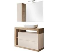 Meuble Vasque 110cm + Miroir beige et aspect bois finition Cadiz - ARTURO -