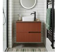 Meuble vasque à poser L.60cm suspendu Chêne Moka 2 tiroirs Brique cannelé EVA - sans colonne