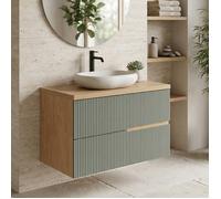 Meuble vasque à poser L.80cm suspendu Chêne naturel 2 tiroirs Vert sauge cannelé EVA - sans colonne