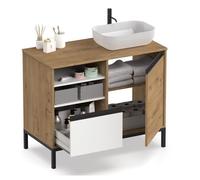 Meuble Vasque ANGEL 1 porte + 1 tiroir coloris chêne doré- blanc - Hauteur 95.5 x Longueur 100 x Profondeur 51 cm