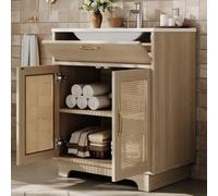 Meuble Vasque Bois Naturel Salle de Bain Pieds Hauts avec Lavabo Céramique | Buffet 76x46x88cm avec Tiroir Abattant,Portes Osier Tressé à Fermeture Douce et Étagères,Poignée Dorée,Trop-Plein,Rustique