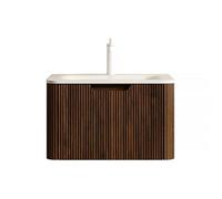 Meuble Vasque Intégrée Mural 60cm-Plan Travertin Rome Tiroir Pré-assemblé-Beige Finition Grain de Noyer Salle de Bain