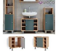 Vicco Meuble sous Vasque Simple Fynn, Vert/Force de l'or Chêne, 60x54cm, avec découpe pour Siphon et étagères Ouvertes
