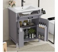 Meuble Vasque Salle de Bains Pied 60 cm Double Porte + 2 Tiroirs Étagère Réglable Finition Laquée Gris Céramique Intégrée