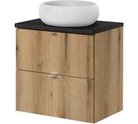 Meuble vasque 'Skelbolu' avec vasque ronde en céramique et 2 tiroirs 60 x 72 x 40 cm imitation chêne / noir