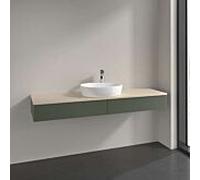 Meuble vasque Villeroy & Boch Antao L14113HL avec éclairage, 2 tiroirs, 1600 x 190 x 500 mm, façade texturée, laque mate Vert Feuille / Botticino
