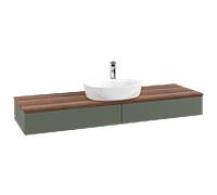 Meuble vasque Villeroy & Boch Antao L14152HL avec éclairage et finition texturée, 160 x 19 x 50 cm, perçage robinetterie, plan vasque couleur noyer chaud, laque mate vert feuille